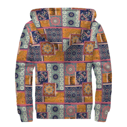 Ethnic Floral Patchwork Pattern Print Sherpa Lined Zip Up Hoodie