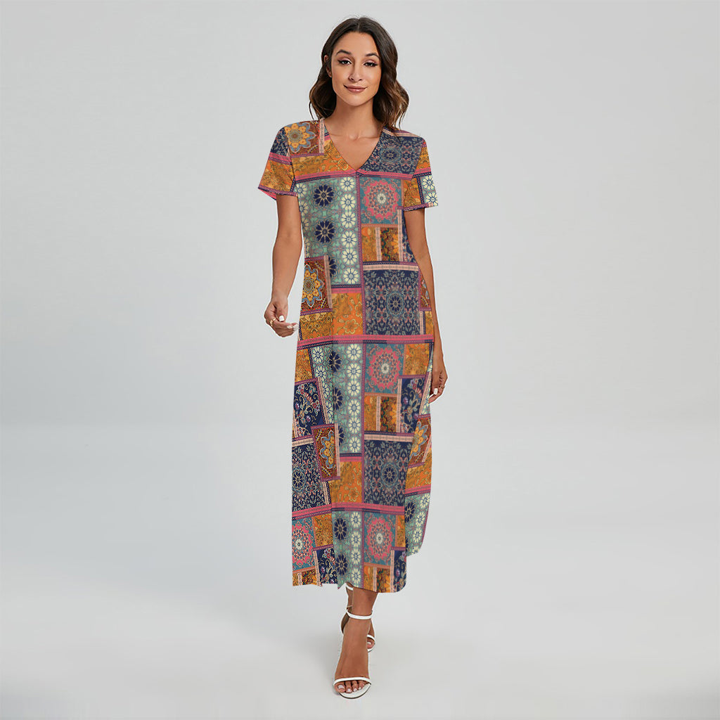 Ethnic Floral Patchwork Pattern Print Short Sleeve Maxi Dress