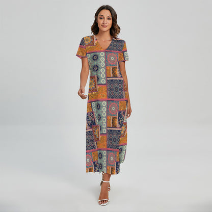 Ethnic Floral Patchwork Pattern Print Short Sleeve Maxi Dress