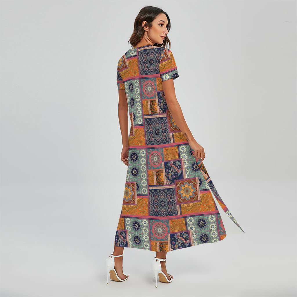 Ethnic Floral Patchwork Pattern Print Short Sleeve Maxi Dress