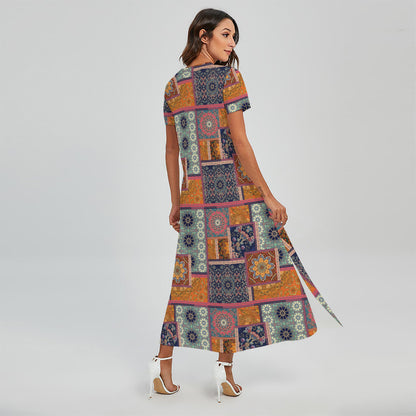 Ethnic Floral Patchwork Pattern Print Short Sleeve Maxi Dress