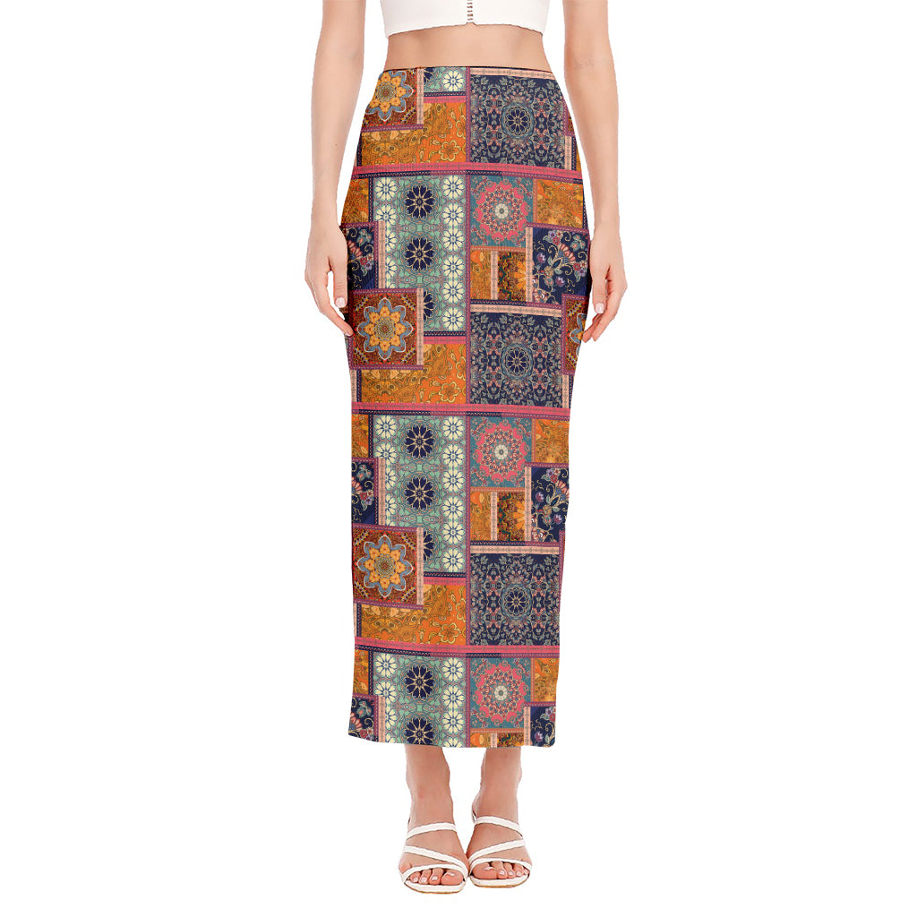Ethnic Floral Patchwork Pattern Print Side Slit Maxi Skirt