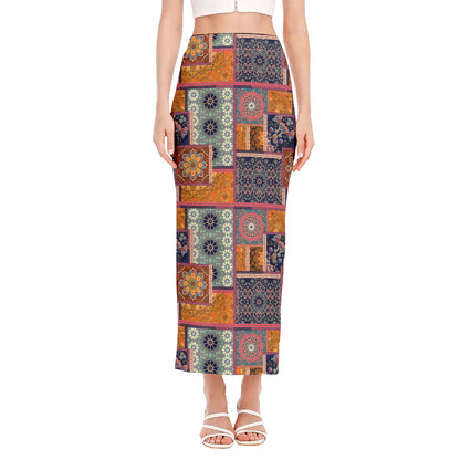 Ethnic Floral Patchwork Pattern Print Side Slit Maxi Skirt