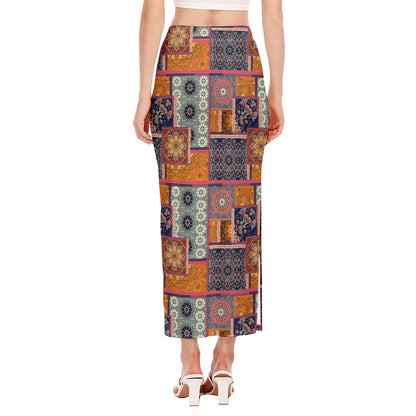 Ethnic Floral Patchwork Pattern Print Side Slit Maxi Skirt