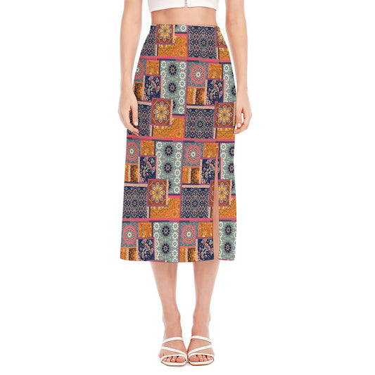 Ethnic Floral Patchwork Pattern Print Side Slit Midi Skirt