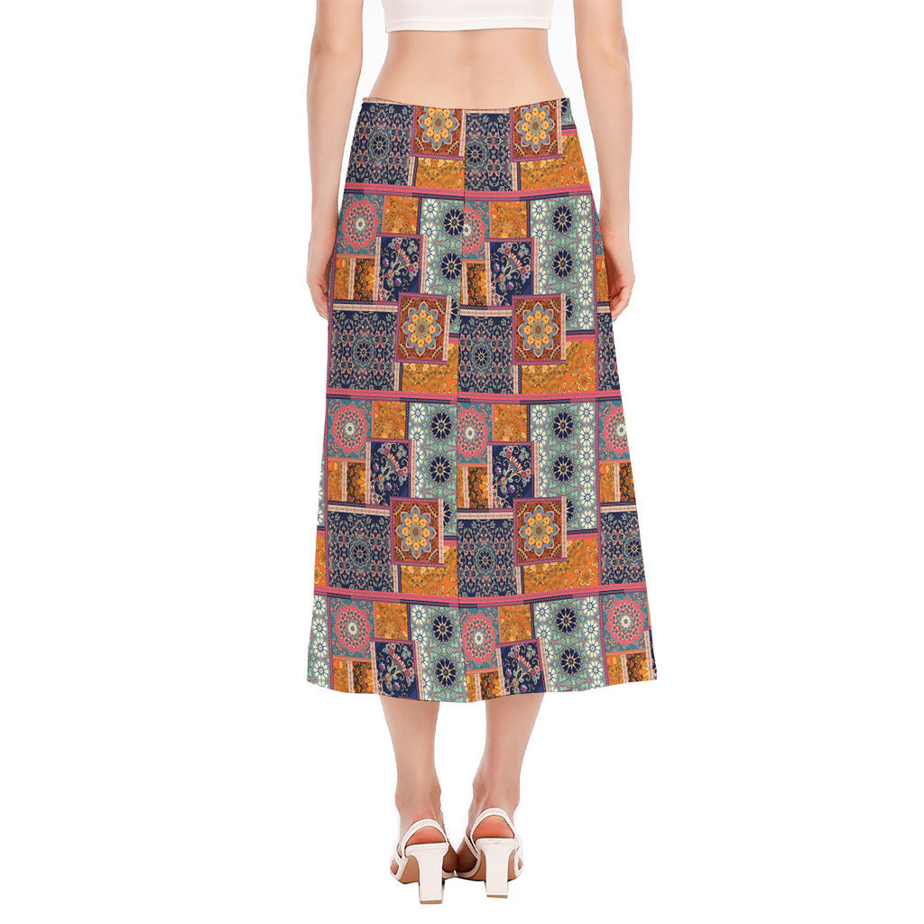 Ethnic Floral Patchwork Pattern Print Side Slit Midi Skirt