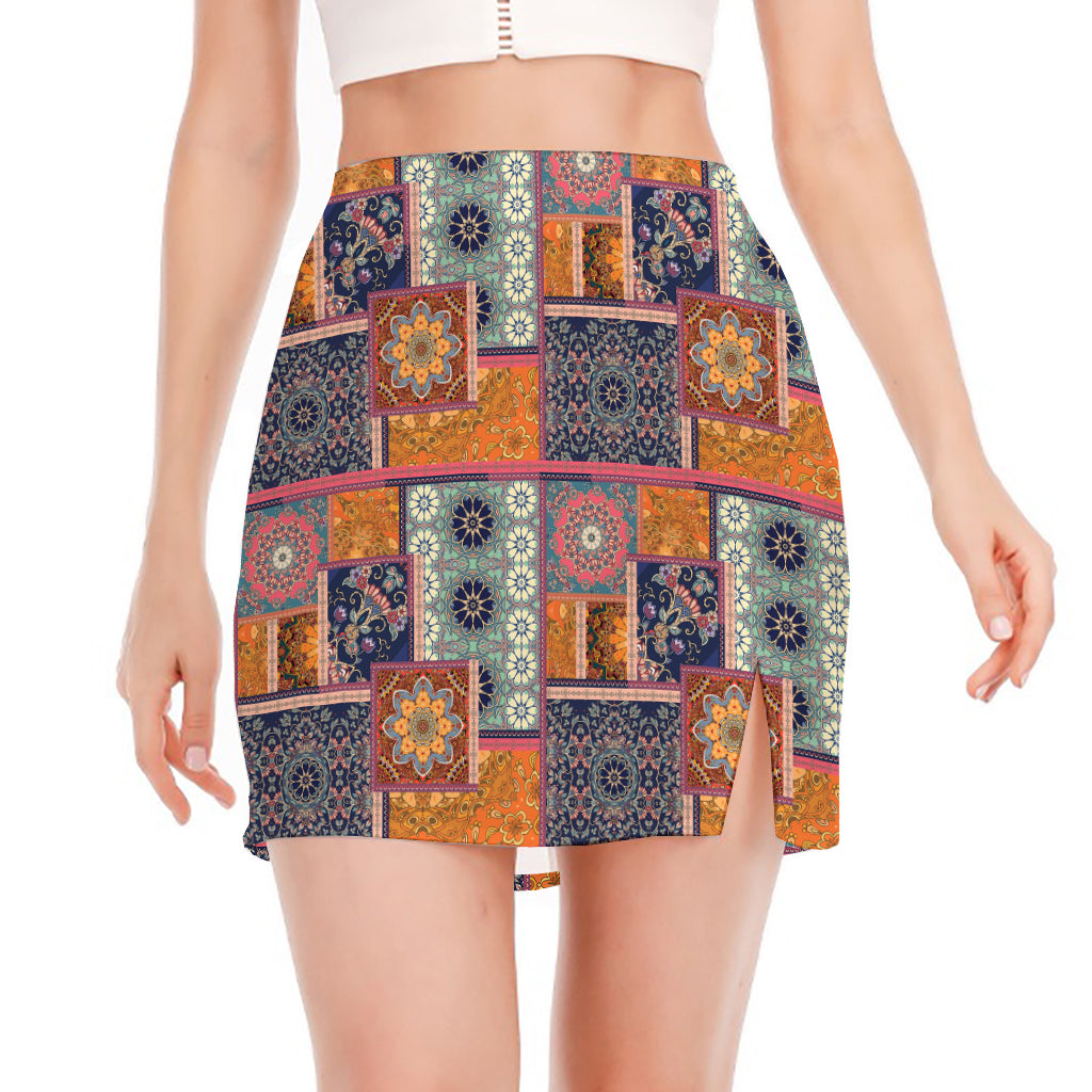 Ethnic Floral Patchwork Pattern Print Side Slit Mini Skirt