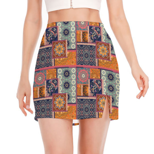 Ethnic Floral Patchwork Pattern Print Side Slit Mini Skirt