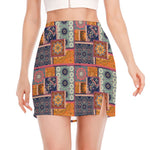 Ethnic Floral Patchwork Pattern Print Side Slit Mini Skirt