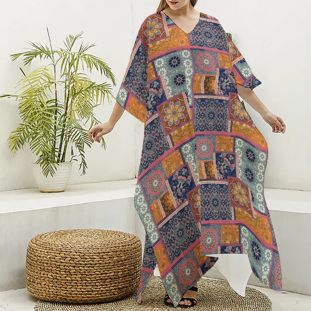 Ethnic Floral Patchwork Pattern Print Silk V-Neck Kaftan Dress