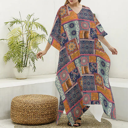 Ethnic Floral Patchwork Pattern Print Silk V-Neck Kaftan Dress