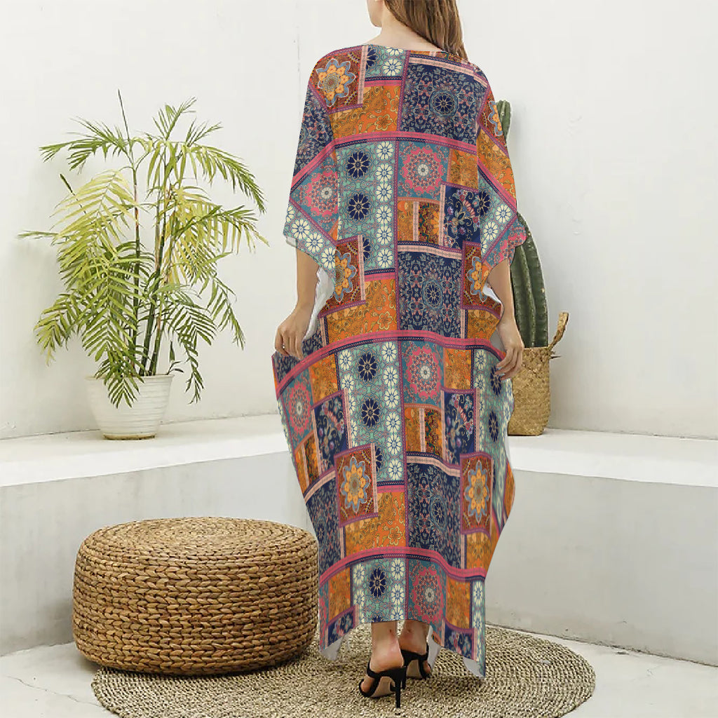 Ethnic Floral Patchwork Pattern Print Silk V-Neck Kaftan Dress