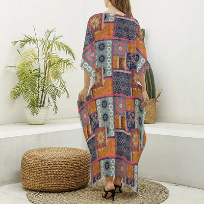 Ethnic Floral Patchwork Pattern Print Silk V-Neck Kaftan Dress
