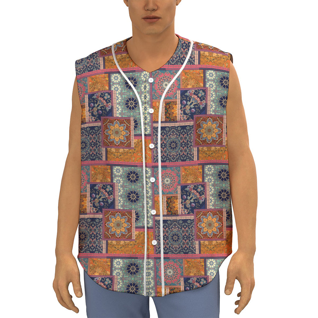 Ethnic Floral Patchwork Pattern Print Sleeveless Baseball Jersey