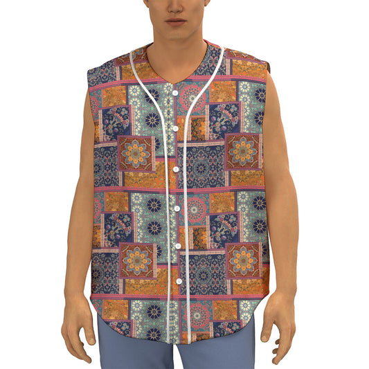 Ethnic Floral Patchwork Pattern Print Sleeveless Baseball Jersey