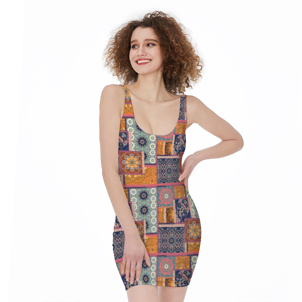 Ethnic Floral Patchwork Pattern Print Sleeveless Bodycon Dress