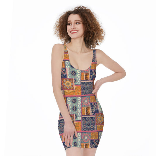 Ethnic Floral Patchwork Pattern Print Sleeveless Bodycon Dress