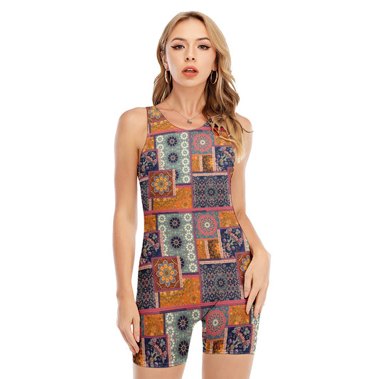 Ethnic Floral Patchwork Pattern Print Sleeveless One Piece Swimsuit