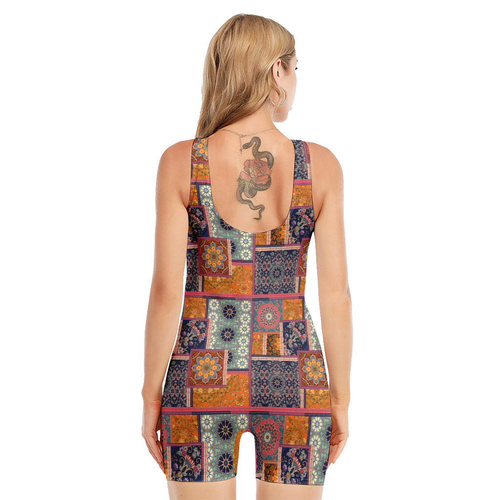 Ethnic Floral Patchwork Pattern Print Sleeveless One Piece Swimsuit