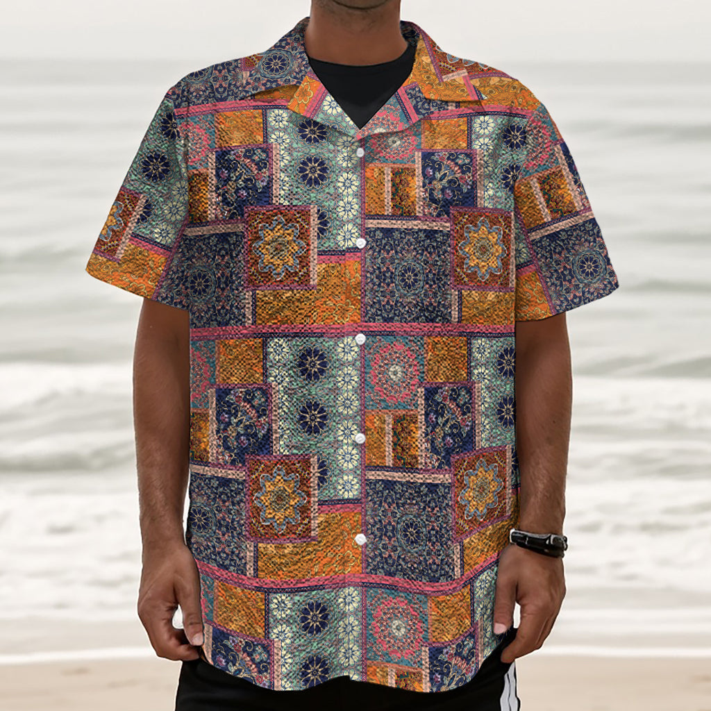 Ethnic Floral Patchwork Pattern Print Textured Short Sleeve Shirt