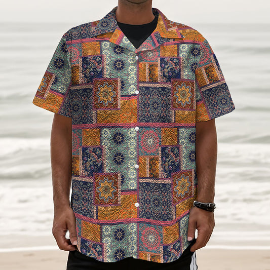 Ethnic Floral Patchwork Pattern Print Textured Short Sleeve Shirt