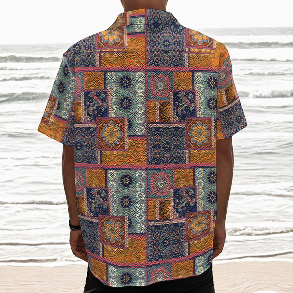 Ethnic Floral Patchwork Pattern Print Textured Short Sleeve Shirt