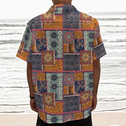 Ethnic Floral Patchwork Pattern Print Textured Short Sleeve Shirt