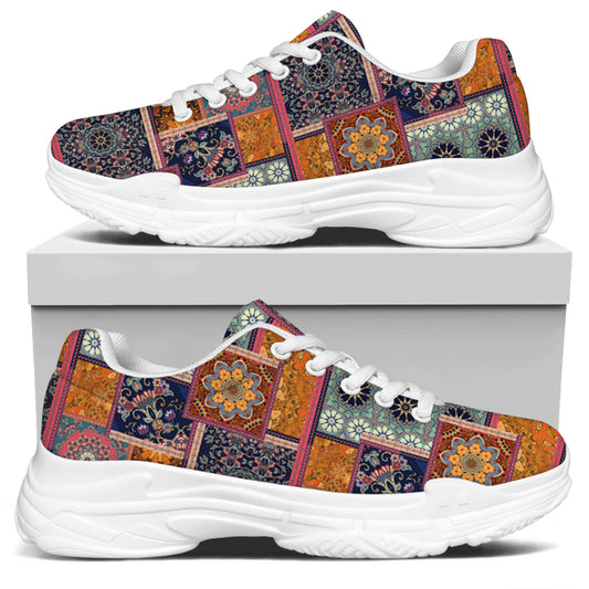 Ethnic Floral Patchwork Pattern Print White Chunky Shoes