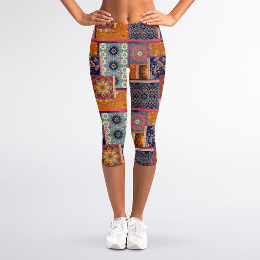 Ethnic Floral Patchwork Pattern Print Women's Capri Leggings