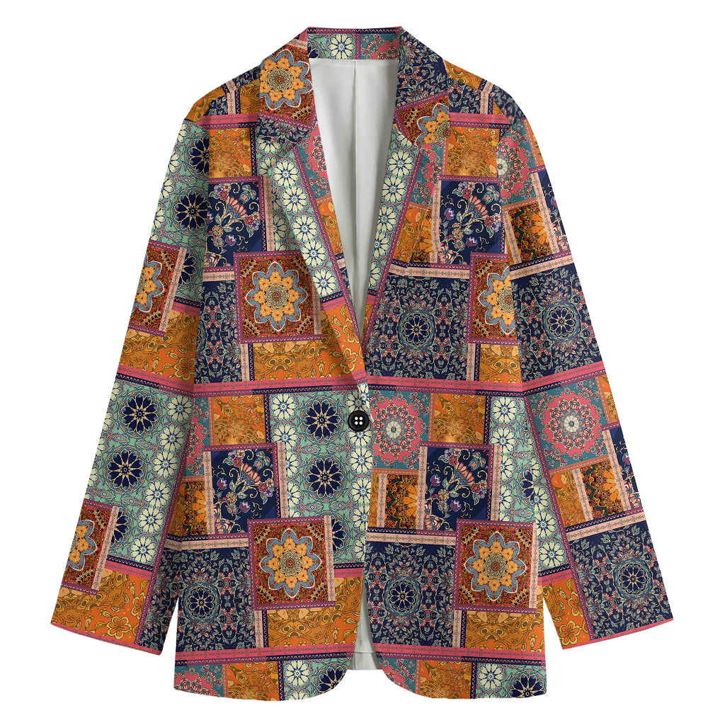 Ethnic Floral Patchwork Pattern Print Women's Cotton Blazer