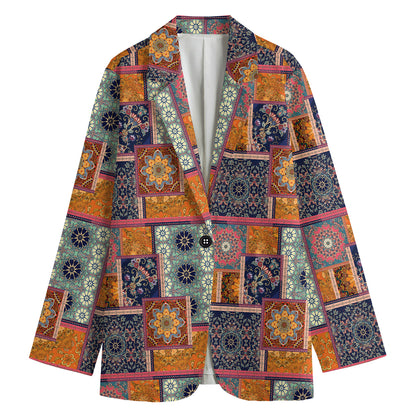 Ethnic Floral Patchwork Pattern Print Women's Cotton Blazer