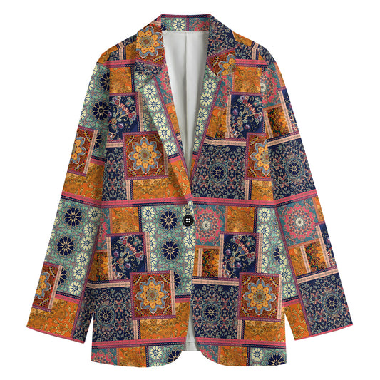 Ethnic Floral Patchwork Pattern Print Women's Cotton Blazer