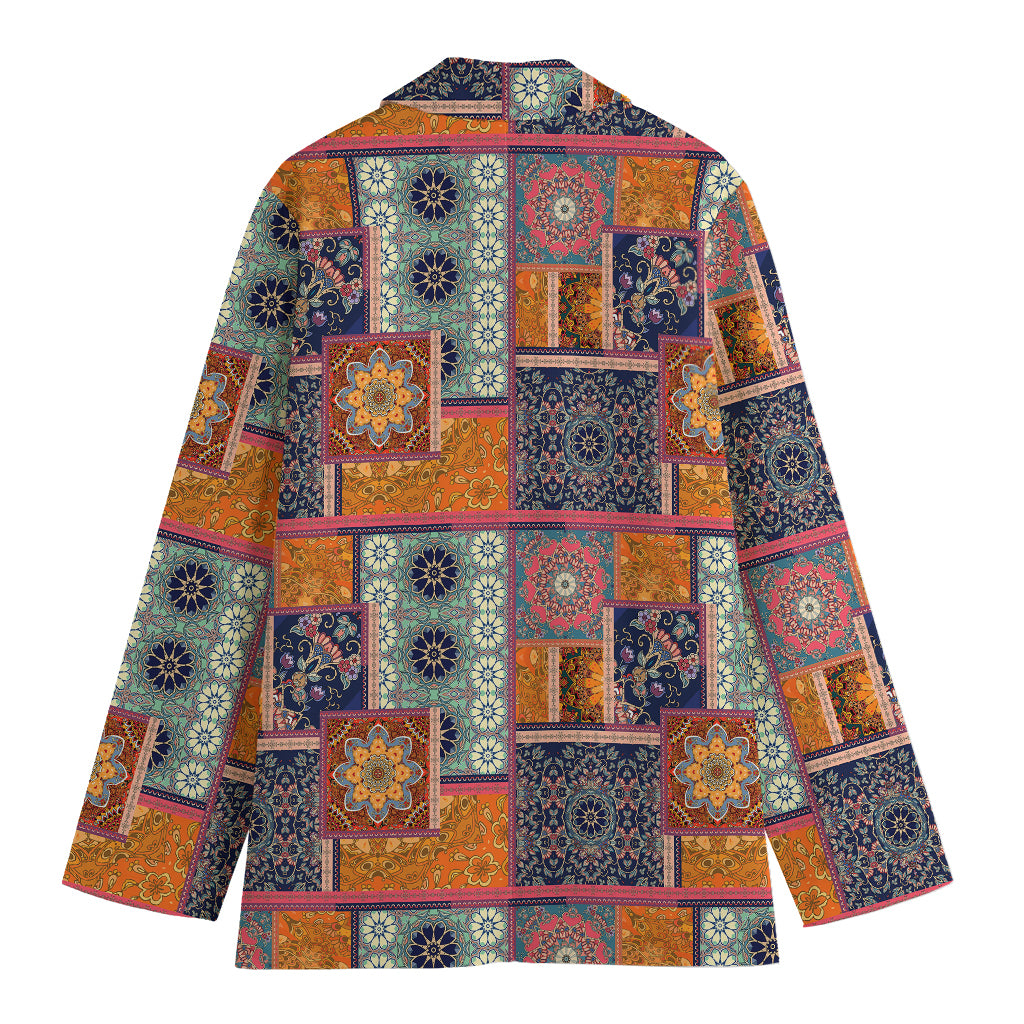 Ethnic Floral Patchwork Pattern Print Women's Cotton Blazer