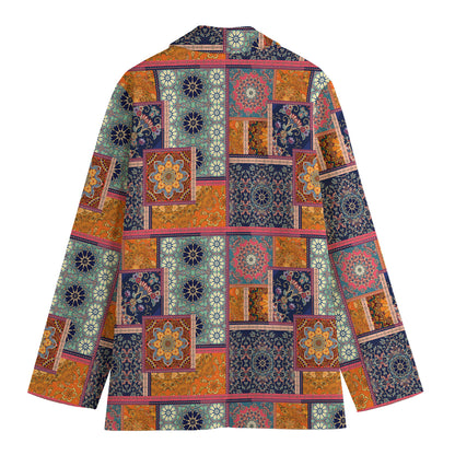 Ethnic Floral Patchwork Pattern Print Women's Cotton Blazer