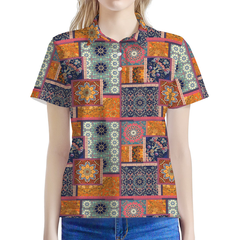 Ethnic Floral Patchwork Pattern Print Women's Polo Shirt