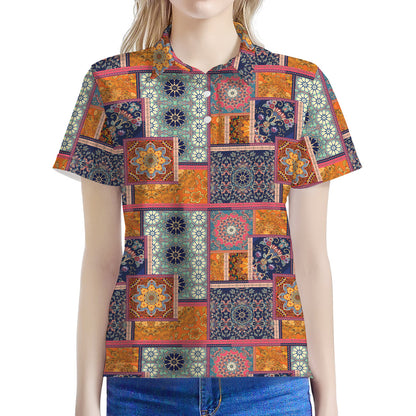 Ethnic Floral Patchwork Pattern Print Women's Polo Shirt