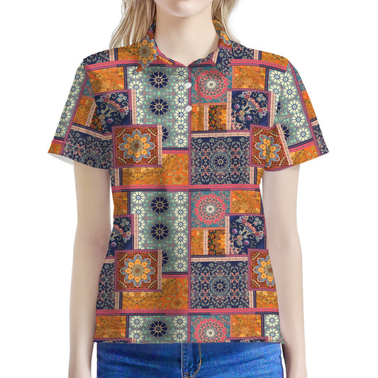 Ethnic Floral Patchwork Pattern Print Women's Polo Shirt