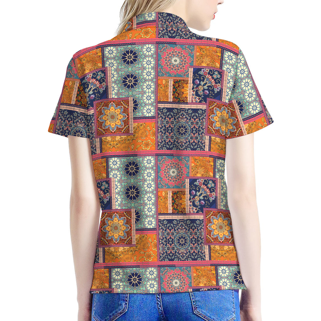 Ethnic Floral Patchwork Pattern Print Women's Polo Shirt