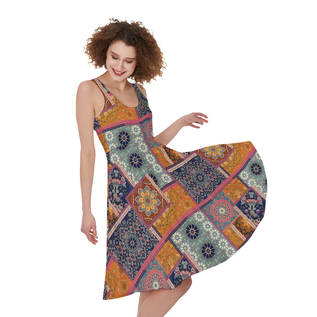 Ethnic Floral Patchwork Pattern Print Women's Sleeveless Dress