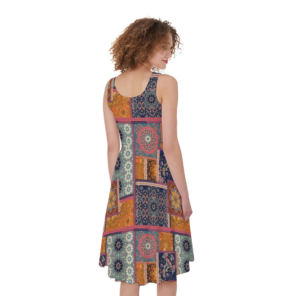 Ethnic Floral Patchwork Pattern Print Women's Sleeveless Dress