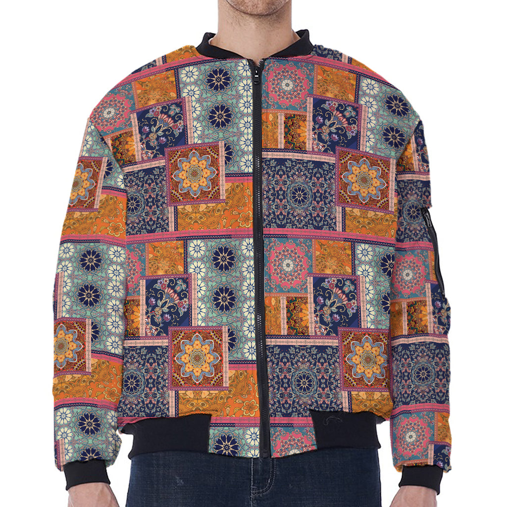 Ethnic Floral Patchwork Pattern Print Zip Sleeve Bomber Jacket