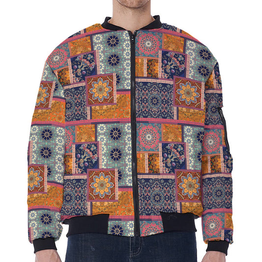 Ethnic Floral Patchwork Pattern Print Zip Sleeve Bomber Jacket