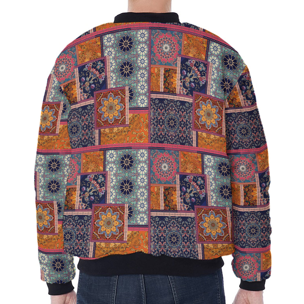 Ethnic Floral Patchwork Pattern Print Zip Sleeve Bomber Jacket