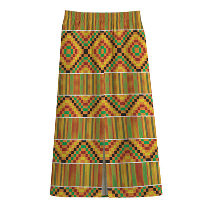 Ethnic Kente Pattern Print Cotton Front Slit Maxi Skirt