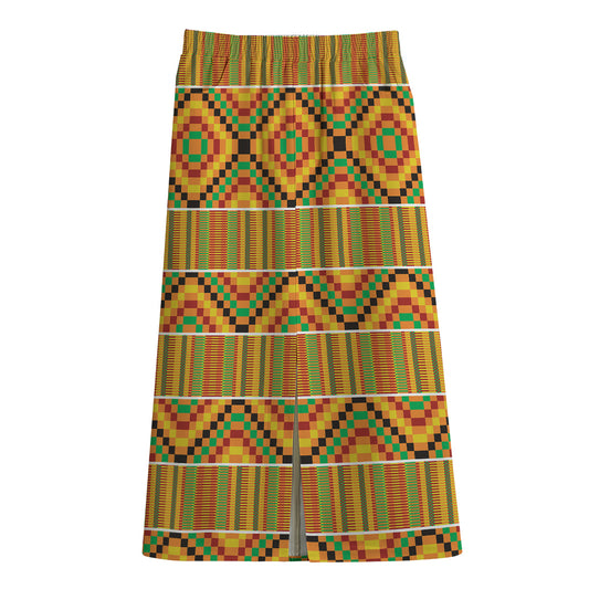 Ethnic Kente Pattern Print Cotton Front Slit Maxi Skirt