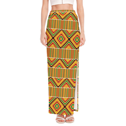Ethnic Kente Pattern Print High Slit Maxi Skirt