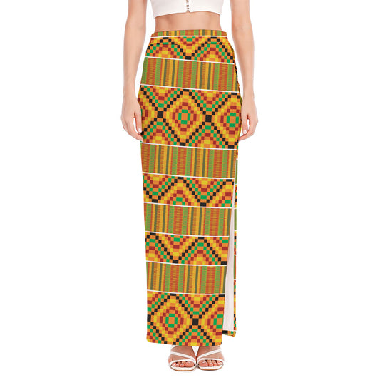 Ethnic Kente Pattern Print High Slit Maxi Skirt