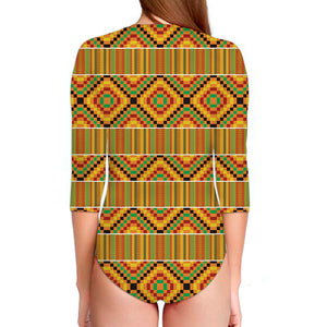 Ethnic Kente Pattern Print Long Sleeve Swimsuit