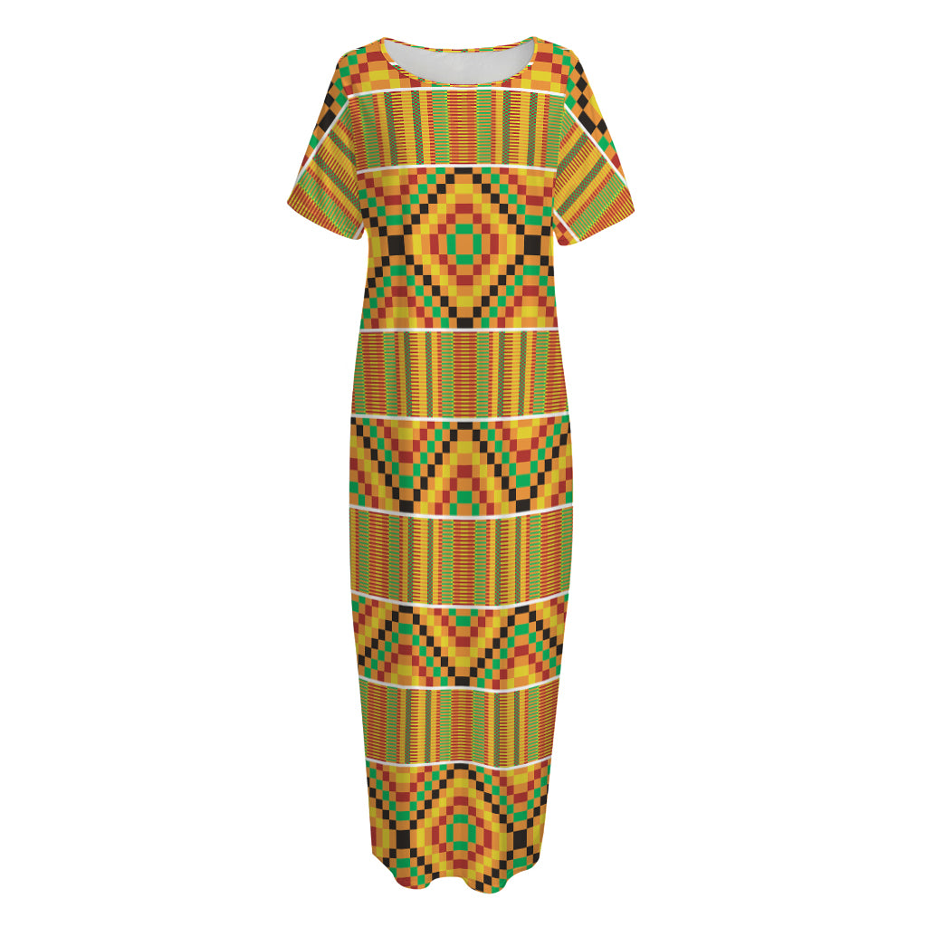 Ethnic Kente Pattern Print Short Sleeve Long Nightdress