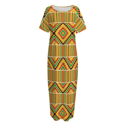Ethnic Kente Pattern Print Short Sleeve Long Nightdress